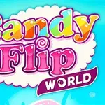 Kolorowy napis Candy Flip World na niebieskim tle z ozdobami cukierkowymi i uśmiechniętą buźką