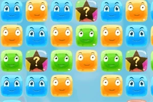 Kolorowe bloki z uśmiechniętymi twarzami oraz symbole zapytania i gwiazdy na niebieskim tle