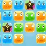 Kolorowe bloki z uśmiechniętymi twarzami oraz symbole zapytania i gwiazdy na niebieskim tle