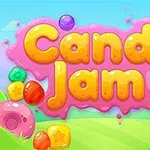 Kolorowa grafika z napisem Candy Jam otoczonym kolorowymi cukierkami na tle wesołego krajobrazu