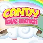 Logo z napisem Candy love match na tle tęczy i chmur