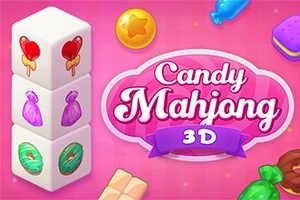 Kostki z kolorowymi słodyczami na różowym tle z napisem Candy Mahjong 3D