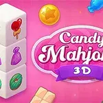 Kostki z kolorowymi słodyczami na różowym tle z napisem Candy Mahjong 3D