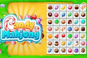 Kolorowa plansza z cukierkami i słodyczami na zielonym tle obok logo Candy Mahjong