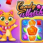 Kolorowa grafika z uśmiechniętym kotem i psem oraz różnobarwnymi cukierkami na środku