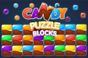 Kolorowy układ puzzli z napisami Candy Puzzle Blocks na tle kolorowych cukierków