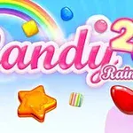 Kolorowe cukierki różnego kształtu na tle tęczy i błękitnego nieba z tytułem Candy Rain 2