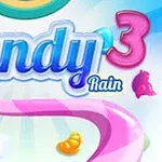 Napis Candy Rain 3 na kolorowym tle z cukierkami i tęczowym zakrzywionym paskiem