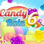 Kolorowa grafika z uśmiechniętym lizakiem, tęczą, cukierkami i balonami na tle nieba