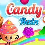 Kolorowe cukierki i desery z uśmiechniętymi buźkami na tle nieba i tęczy, z napisem Candy Rain 7