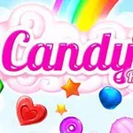 Kolorowe cukierki i motyl na tle tęczy i chmur z napisem Candy Rain