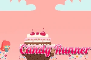 Postać z czerwonymi włosami obok ciasta z wisienkami na różowym tle z chmurami, z napisem „Candy Runner”