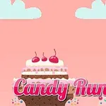 Postać z czerwonymi włosami obok ciasta z wisienkami na różowym tle z chmurami, z napisem „Candy Runner”