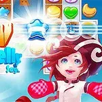 Postać z ciemnoczerwonymi włosami, w kasku z nausznikami, na tle słodko wyglądających, kolorowych żelek i cukierków oraz kolorowych liter układających się w napis