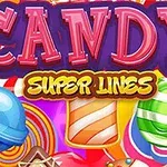 Kolorowe cukierki i napisy Candy Super Lines na barwnym tle