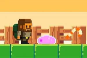 Pikselowy bohater z plecakiem stoi obok różowego stworka na zielonej platformie w stylu retro, na tle drewnianych przeszkód