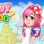 Dziewczyna z różowymi włosami i kokardą trzymająca miskę i trzepaczkę na tle cukierkowego krajobrazu z napisem CANDY WORD w kolorowych literach