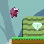 Fioletowa postać skacze w kierunku zielonego bloku z niebieskim kryształem na tle chmur