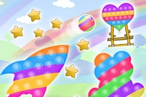 Kolorowe kształty w postaci rakiety, serca i chmurki z tęczowymi pasami i gwiazdami na tle nieba z tęczą