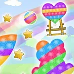 Kolorowe kształty w postaci rakiety, serca i chmurki z tęczowymi pasami i gwiazdami na tle nieba z tęczą