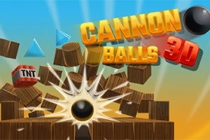 Napis Cannon Balls 3D z czarną kulą armatnią i eksplodującymi drewnianymi skrzyniami oraz dynamitem TNT na tle nieba