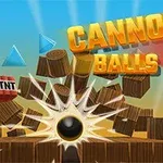 Napis Cannon Balls 3D z czarną kulą armatnią i eksplodującymi drewnianymi skrzyniami oraz dynamitem TNT na tle nieba