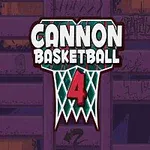 Napis Cannon Basketball 4 na tle grafiki przypominającej kosz do koszykówki, z widocznym fioletowym budynkiem w tle