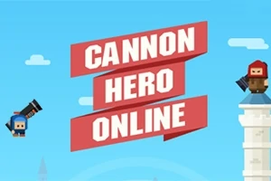 Czerwony napis CANNON HERO ONLINE na tle jasnoniebieskiego nieba z dwoma postaciami trzymającymi działa, jedna postać na wieży po prawej stronie, druga po lewej