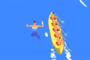 Osoba płynąca obok łódki wiosłowej z kilkoma wioślarzami na niebieskim tle