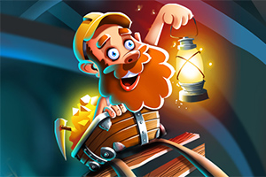 Kreskówkowy górnik z brodą w żółtej czapce trzyma lampę i siedzi w wózku z bryłkami złota