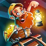 Kreskówkowy górnik z brodą w żółtej czapce trzyma lampę i siedzi w wózku z bryłkami złota