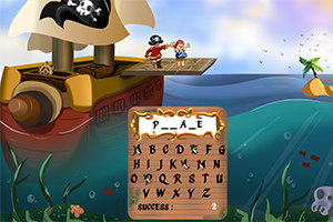 Pirat i postać stoją na pokładzie statku z piracką flagą, obok platforma z literami i polem do odgadywania