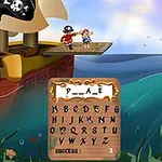 Pirat i postać stoją na pokładzie statku z piracką flagą, obok platforma z literami i polem do odgadywania