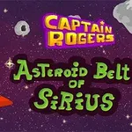 Kosmiczne tło z asteroidami, statek kosmiczny po lewej stronie i kolorowy napis Captain Rogers Asteroid Belt of Sirius