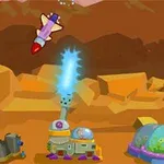 Rakieta odpalona w stronę różowego nieba nad krajobrazem z żółtymi skałami i futurystycznymi urządzeniami na ziemi