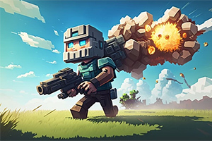 Postać w pikselowej stylistyce z niebieskimi oczami biegnie z bronią po zielonej trawie na tle wybuchu i chmur