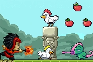 Postać z czerwoną fryzurą rzuca ognistą kulę, podczas gdy kurczaki stoją na kamiennym posągu, a obok znajduje się niebieski stwór z różowym elementem na głowie, w tle unoszą się truskawki