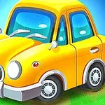 Żółty, kreskówkowy samochód na zielonym tle