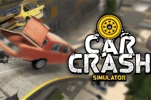 Czerwony samochód z otwartym bagażnikiem w locie, w tle żółty pojazd, na tle napis Car Crash Simulator
