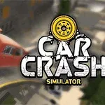 Czerwony samochód z otwartym bagażnikiem w locie, w tle żółty pojazd, na tle napis Car Crash Simulator