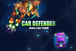 Statek kosmiczny atakuje, dwa pojazdy w stylu futurystycznym oraz napis CAR DEFENDER MERGE & IDLE TYCOON na ciemnym tle z liniami i światłami