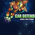 Statek kosmiczny atakuje, dwa pojazdy w stylu futurystycznym oraz napis CAR DEFENDER MERGE & IDLE TYCOON na ciemnym tle z liniami i światłami