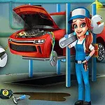 Mechanik w niebieskim stroju z kluczem stojący obok podniesionego czerwonego samochodu w warsztacie, z logo warsztatu samochodowego obok