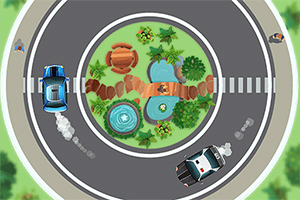 Dwa samochody na rondzie wokół zielonego skweru z oczkiem wodnym i roślinami, widok z góry