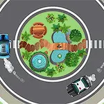 Dwa samochody na rondzie wokół zielonego skweru z oczkiem wodnym i roślinami, widok z góry