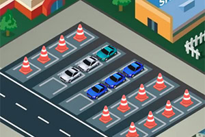 Parking z nierówno zaparkowanymi samochodami między pachołkami na tle budynków