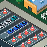 Parking z nierówno zaparkowanymi samochodami między pachołkami na tle budynków