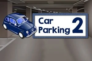 Niebieski samochód i znak z napisem Car Parking 2 w podziemnym parkingu