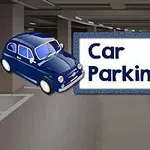 Niebieski samochód i znak z napisem Car Parking 2 w podziemnym parkingu