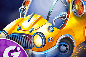 Żółty, futurystyczny samochód z dużymi reflektorami i błyszczącymi turbinami na ciemnym tle